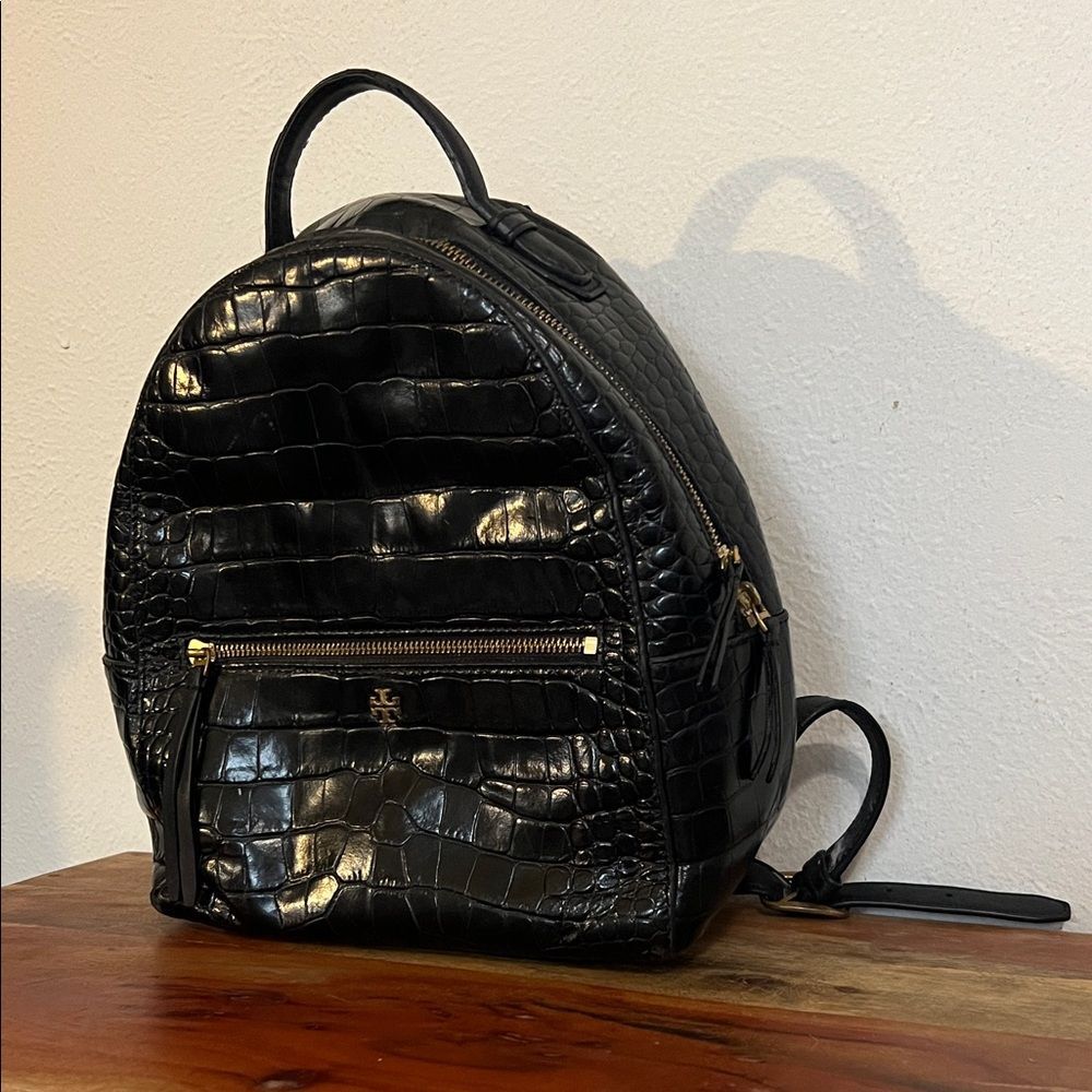 Tory Burch Croc Embossed Black Leather Mini Backpack Purse Gold Logo Casual Luxe - Picture 4 of 16